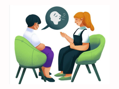 animated picture of 2 people seated in green chairs, with one person talking to their counsellor