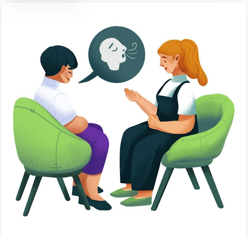 animated picture of 2 people seated in green chairs, with one person talking to their counsellor